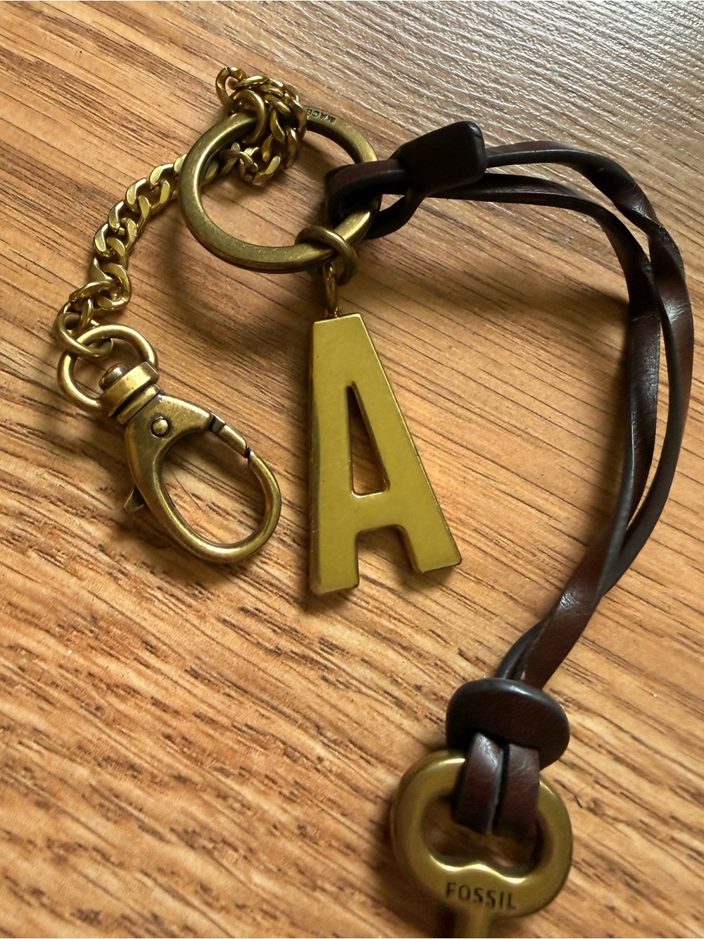 Y2M Fossil Brown Leather & Brass Key Letter Monogram A Charm Keychain - Picture 3 of 5